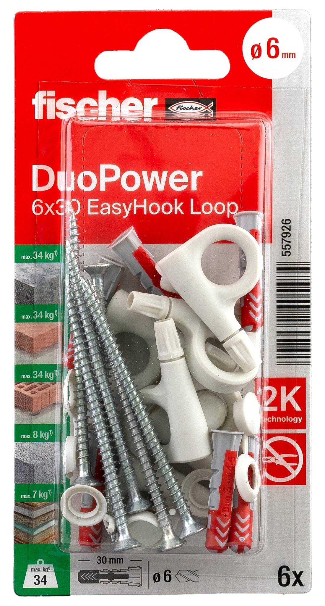 Packaging for Fischer DuoPower 6x30 Set with 6 EasyHook eyelets, screws and wall plugs, suitable for various materials and loads up to 34 kg.