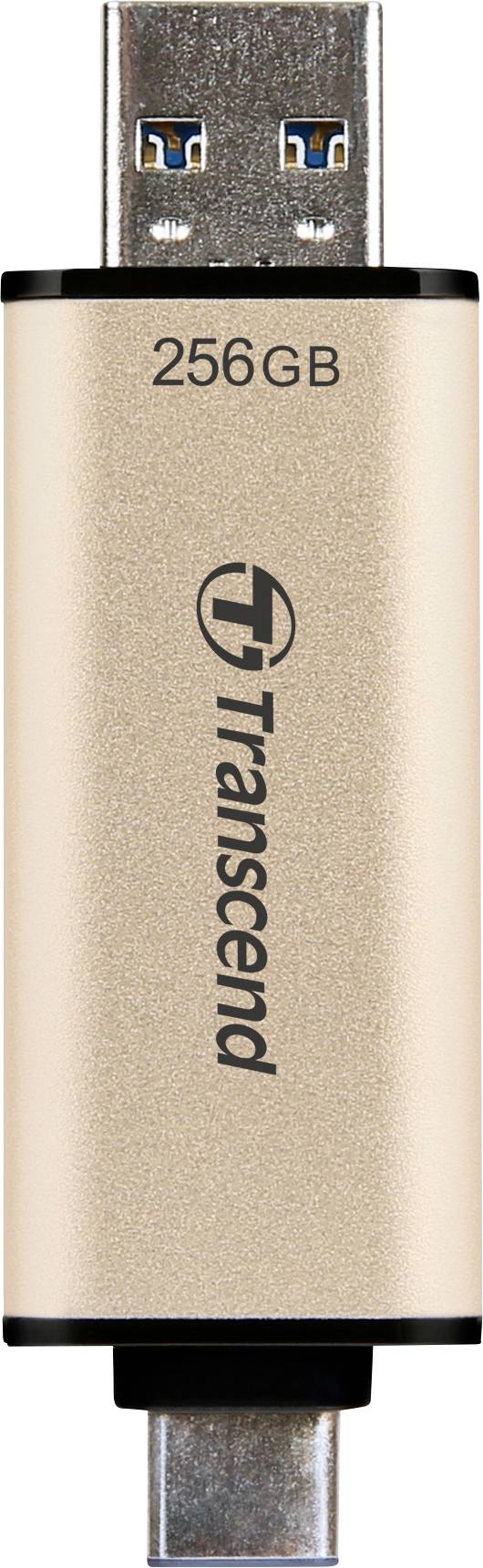 A USB stick with 256GB storage capacity, brand name 'Transcend', silver casing.