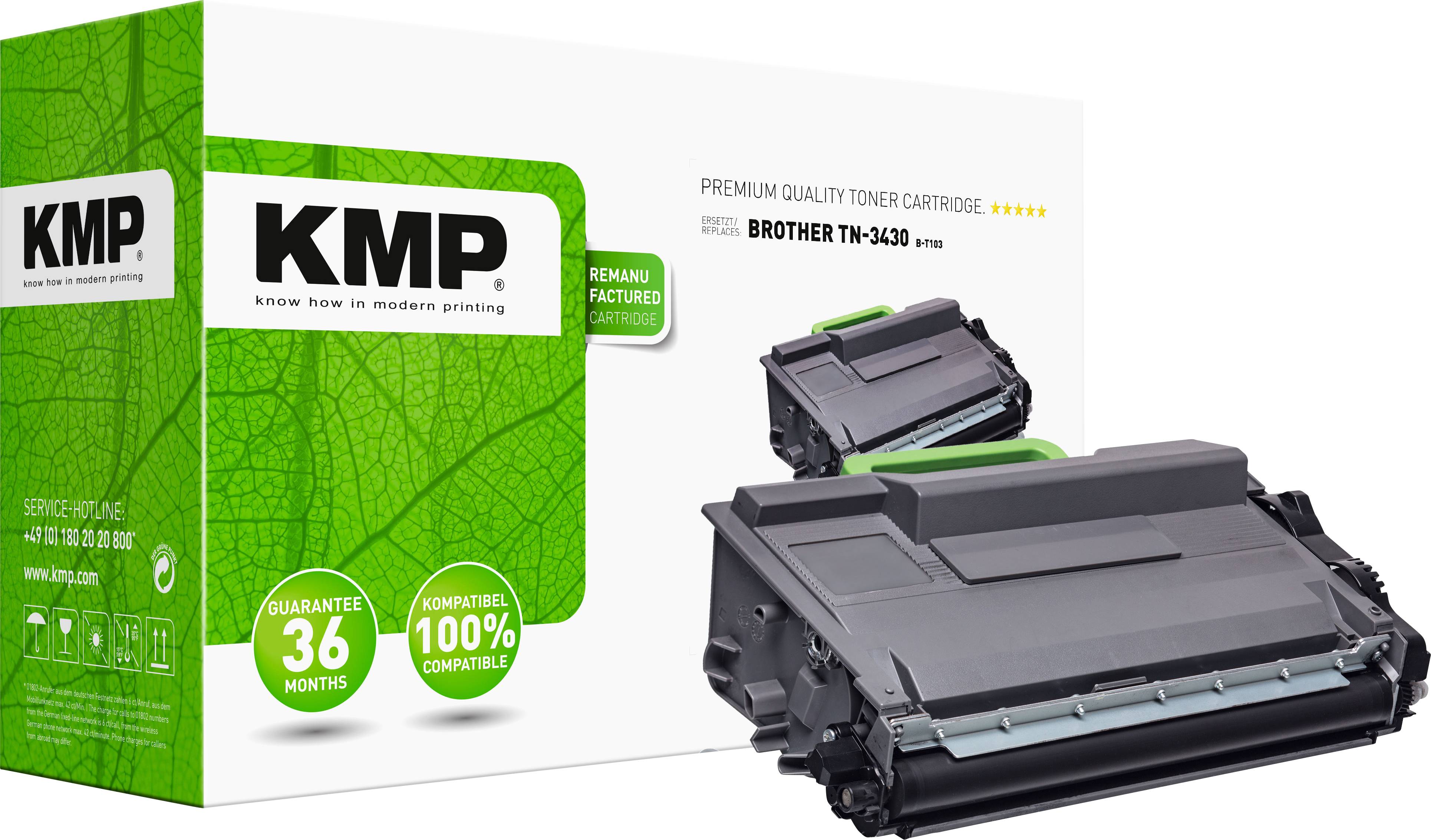 Packaging of a KMP toner cartridge model for Brother TN-3480, containing warranty information and product illustration.