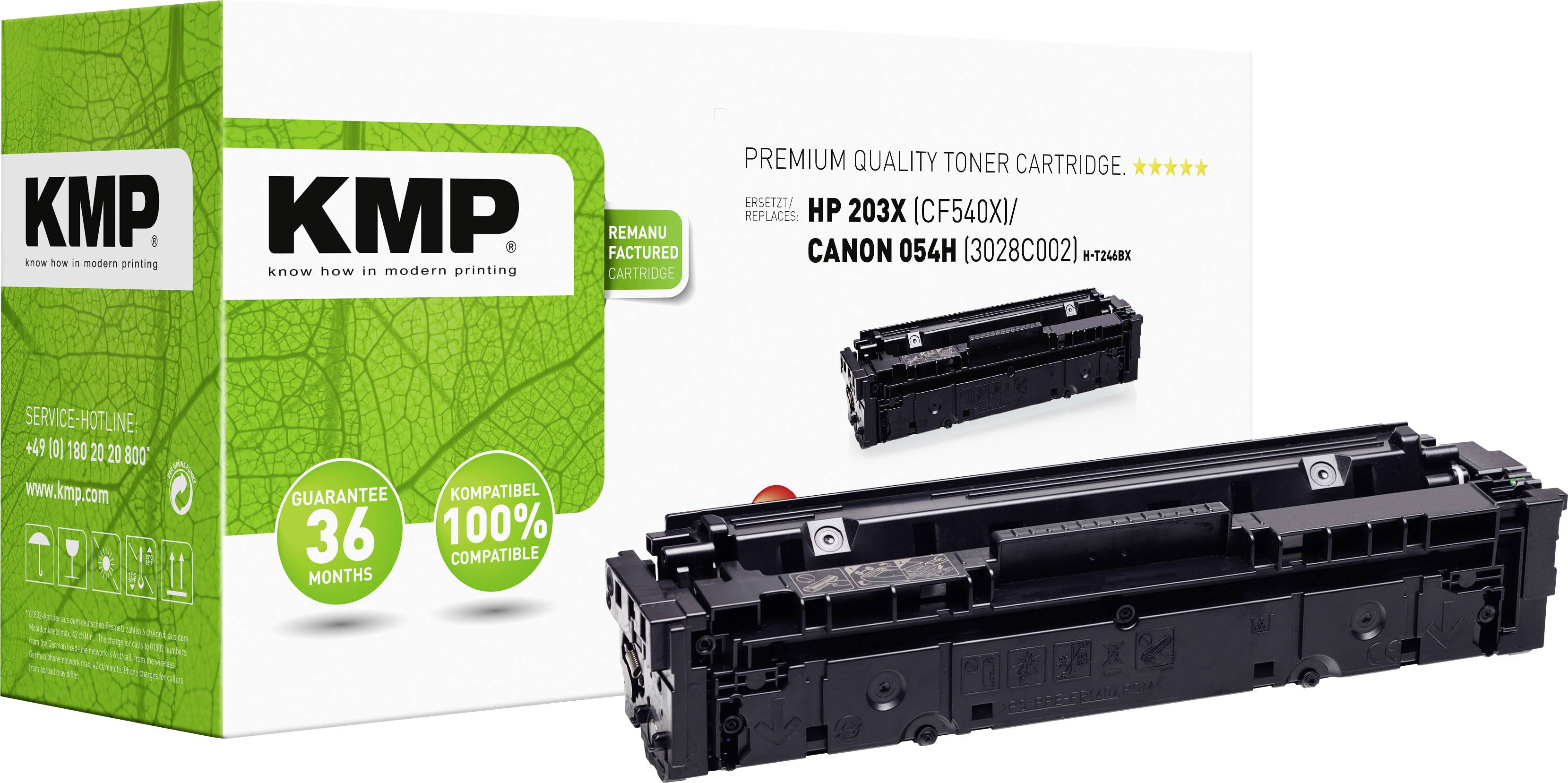 KMP toner cartridge in original packaging for printer models HP 203X and Canon 054H. Quality information is printed on the packaging.
