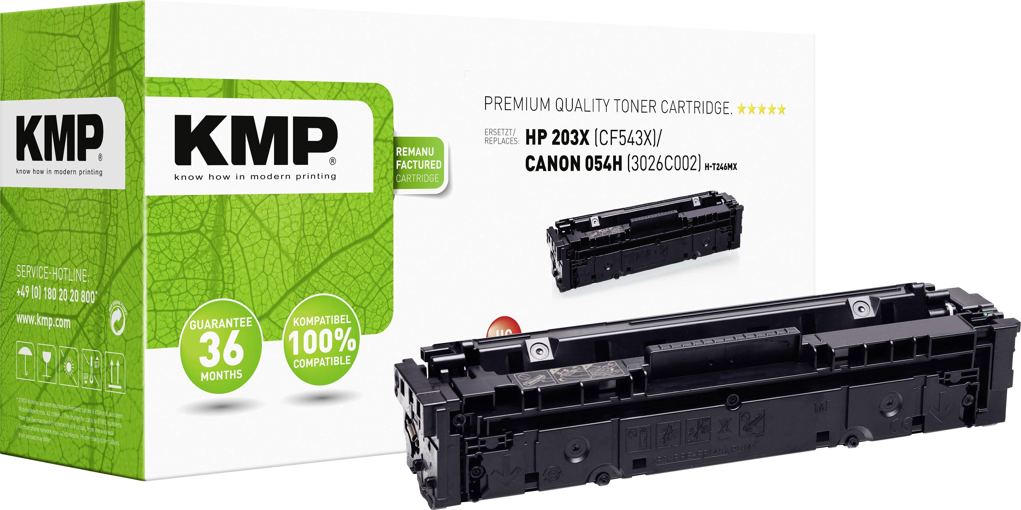 Black toner cartridge by KMP, compatible with HP 203X and Canon 054H, in green packaging with guarantee information.