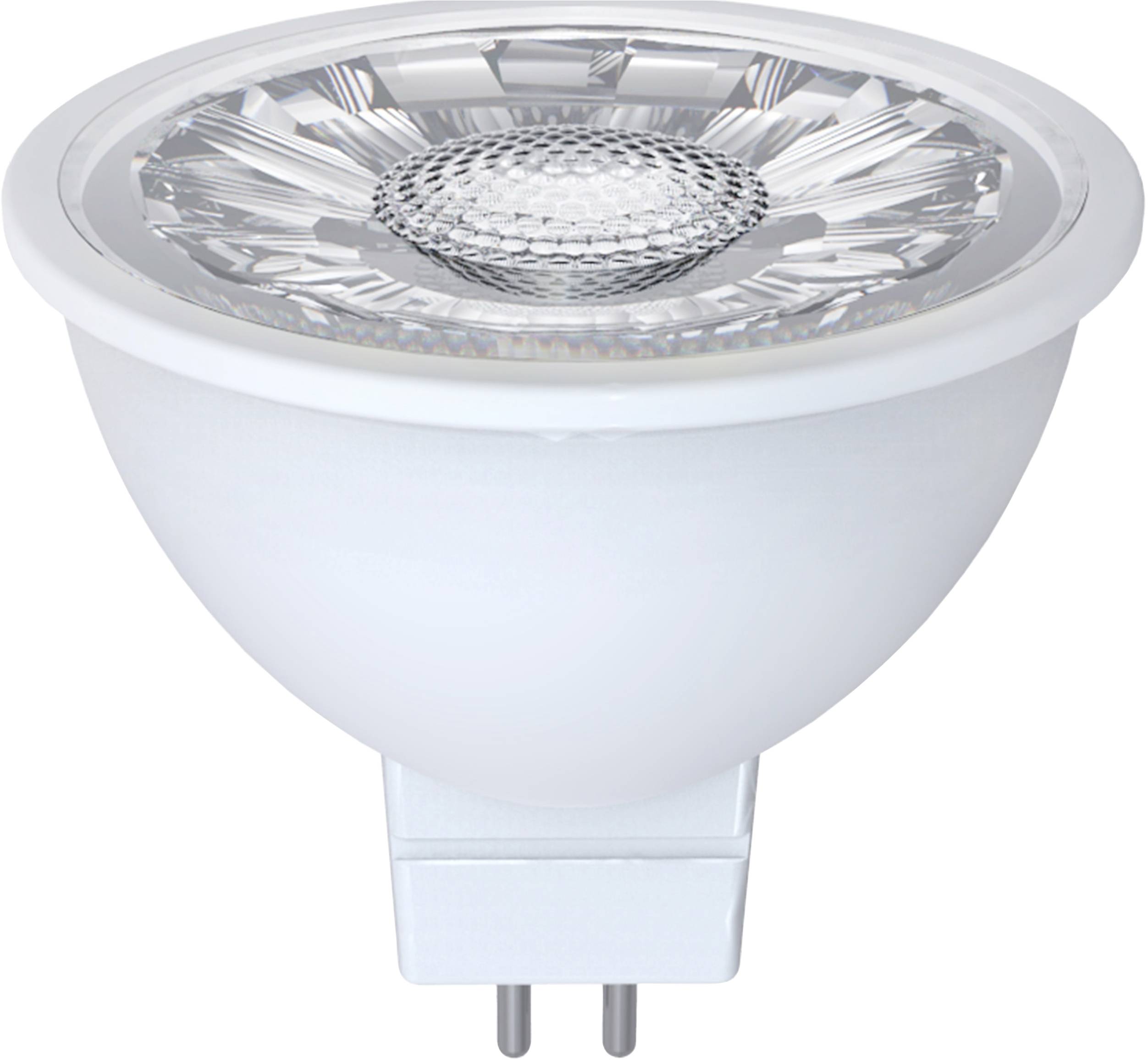 A LED light bulb with a GU5.3 socket. It has a round shape and reflective inserts around the light source inside.