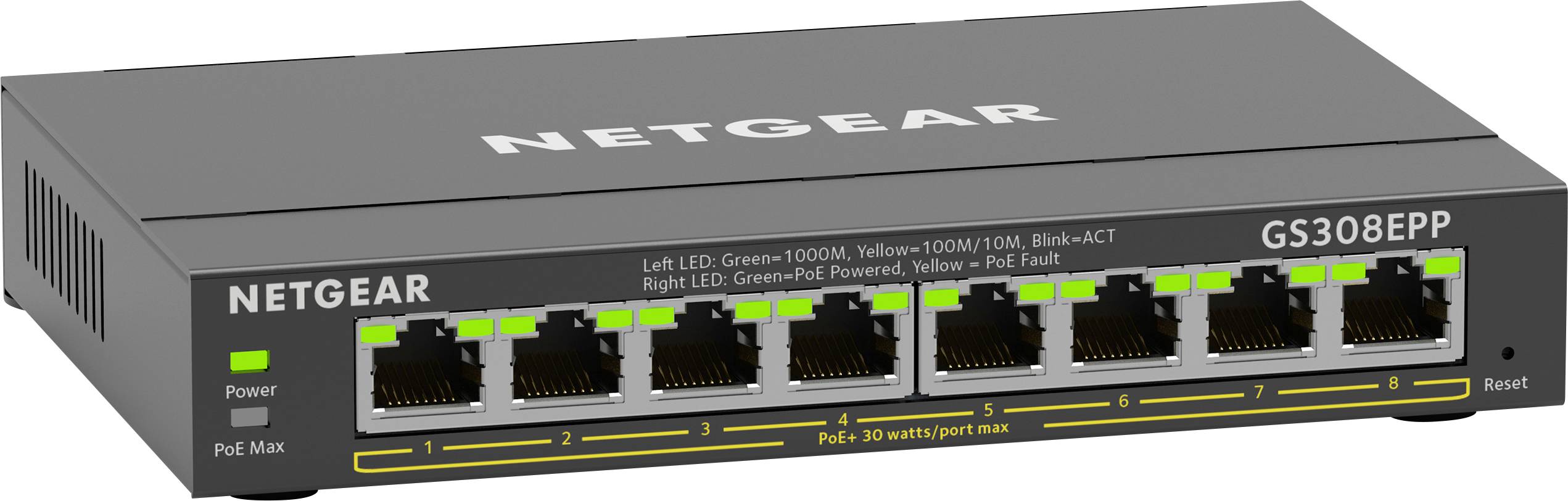 Netgear network switch with eight Ethernet ports, model GS308EPP. LEDs indicate connection status. Ideal for small networks.