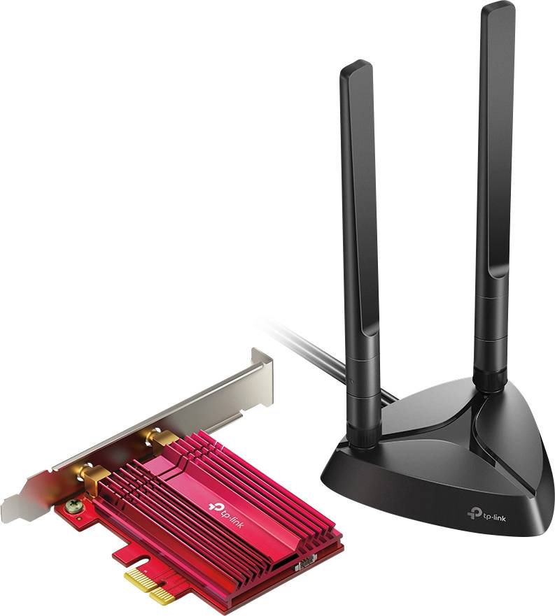 A red TP-Link Wi-Fi card with a heatsink and two detachable black aerials on a stand, suitable for desktop computers.
