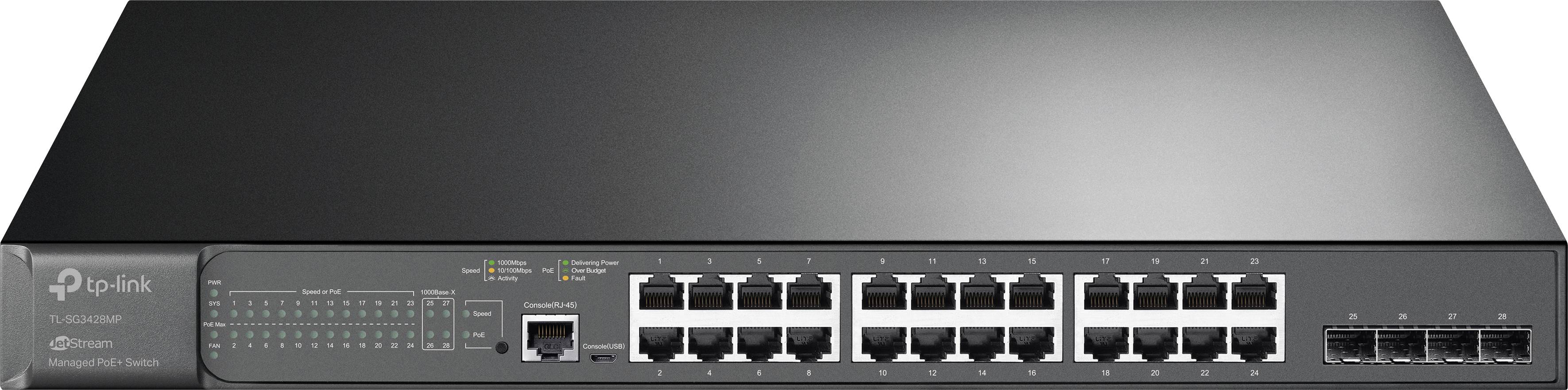 Black-grey network switch with 24 Ethernet and 4 fibre optic ports, suitable for large data transmission requirements.
