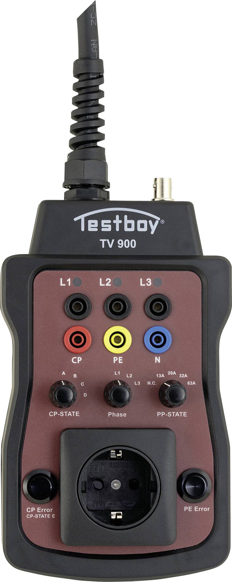 An electrical testing device with multiple connections and displays, labelled as 'Testboy TV 900', for testing electrical sockets.