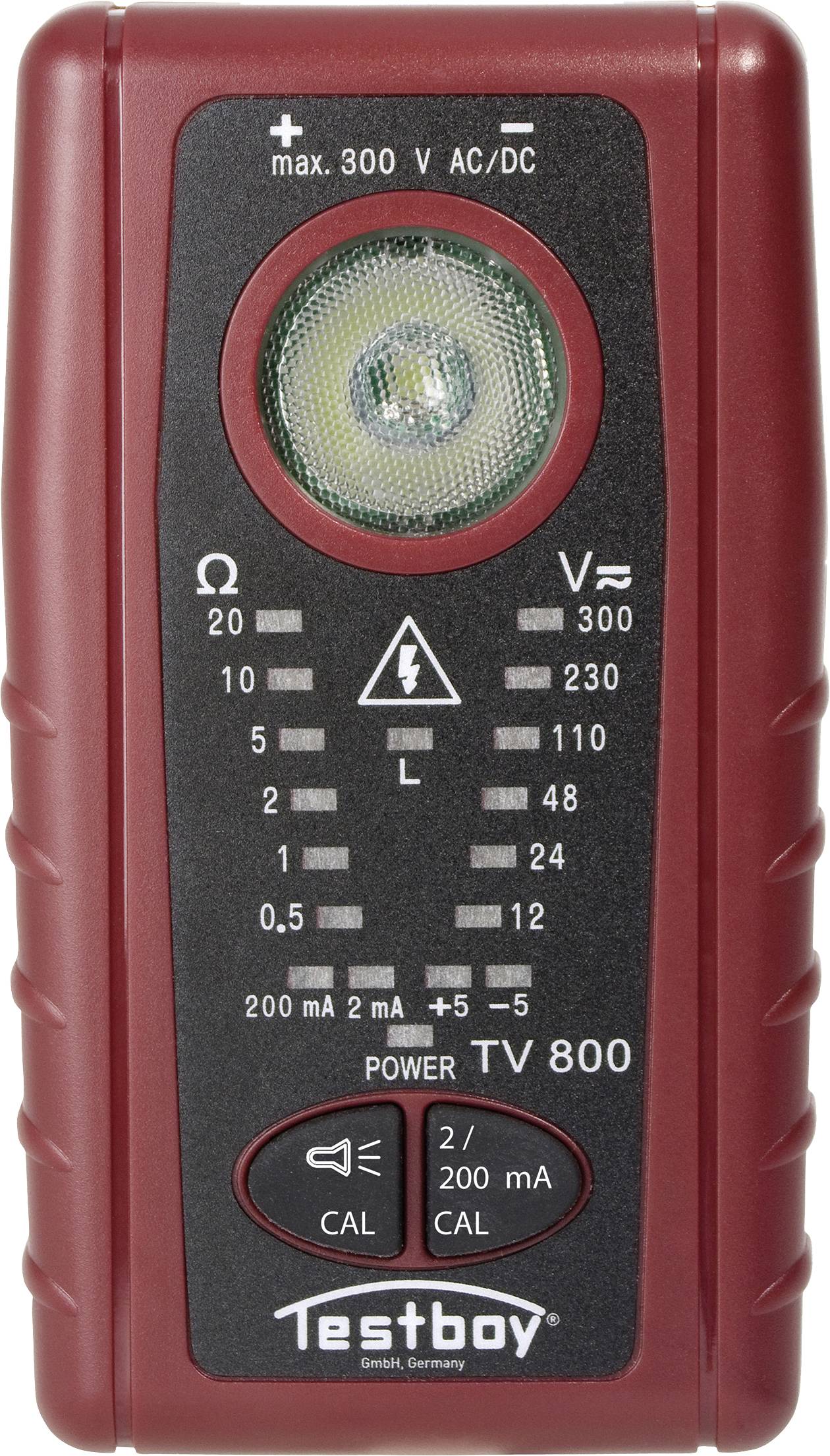 Elektronisches Prüfgerät, zeigt maximale Spannung an: 300 V AC/DC. Enthält Messskala für Widerstand, Spannung, Strom. Marke 'Testboy'.