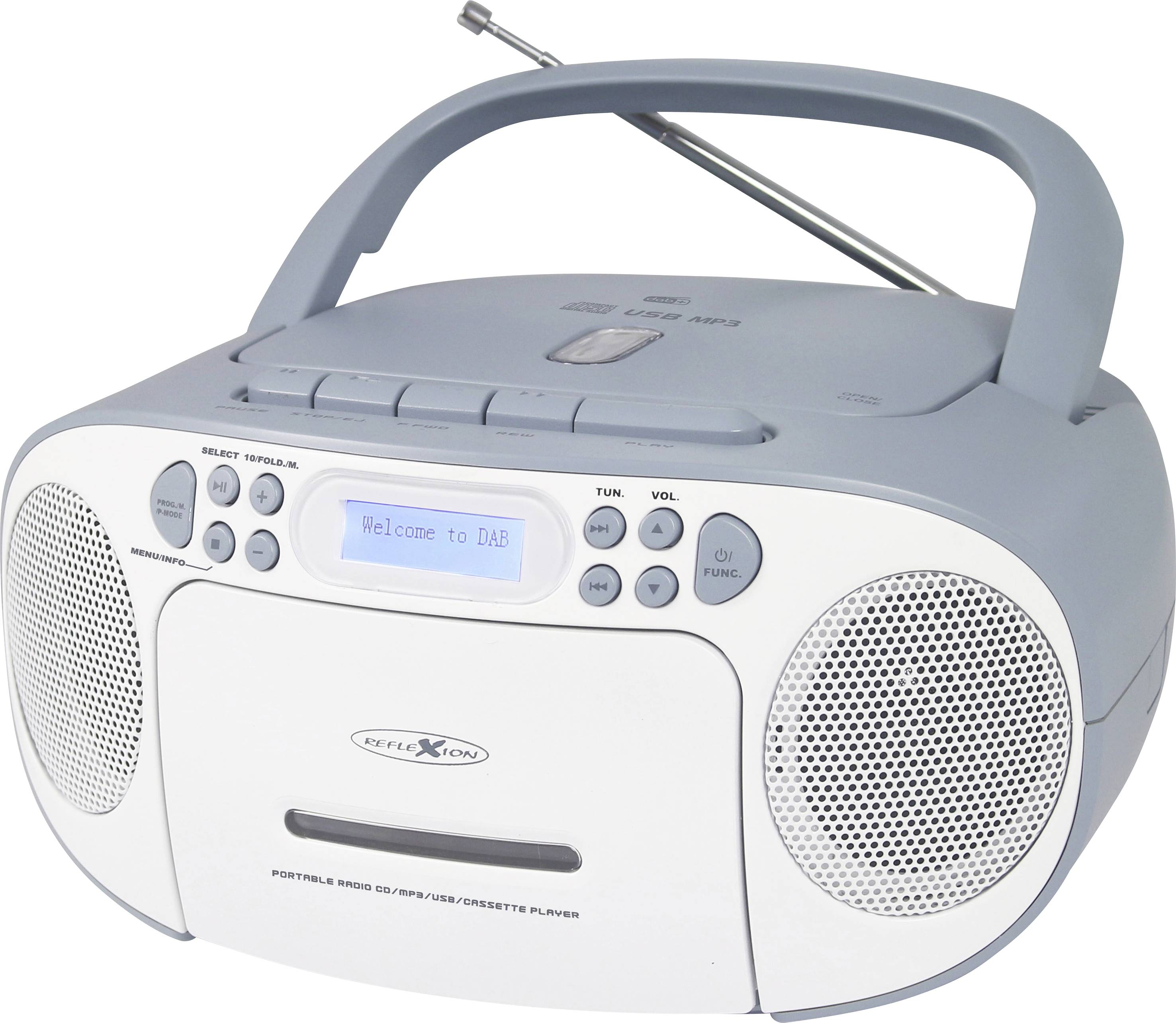 Portable radio with cassette compartment and CD player, aerial extended. Display shows 'Welcome to DAB'.