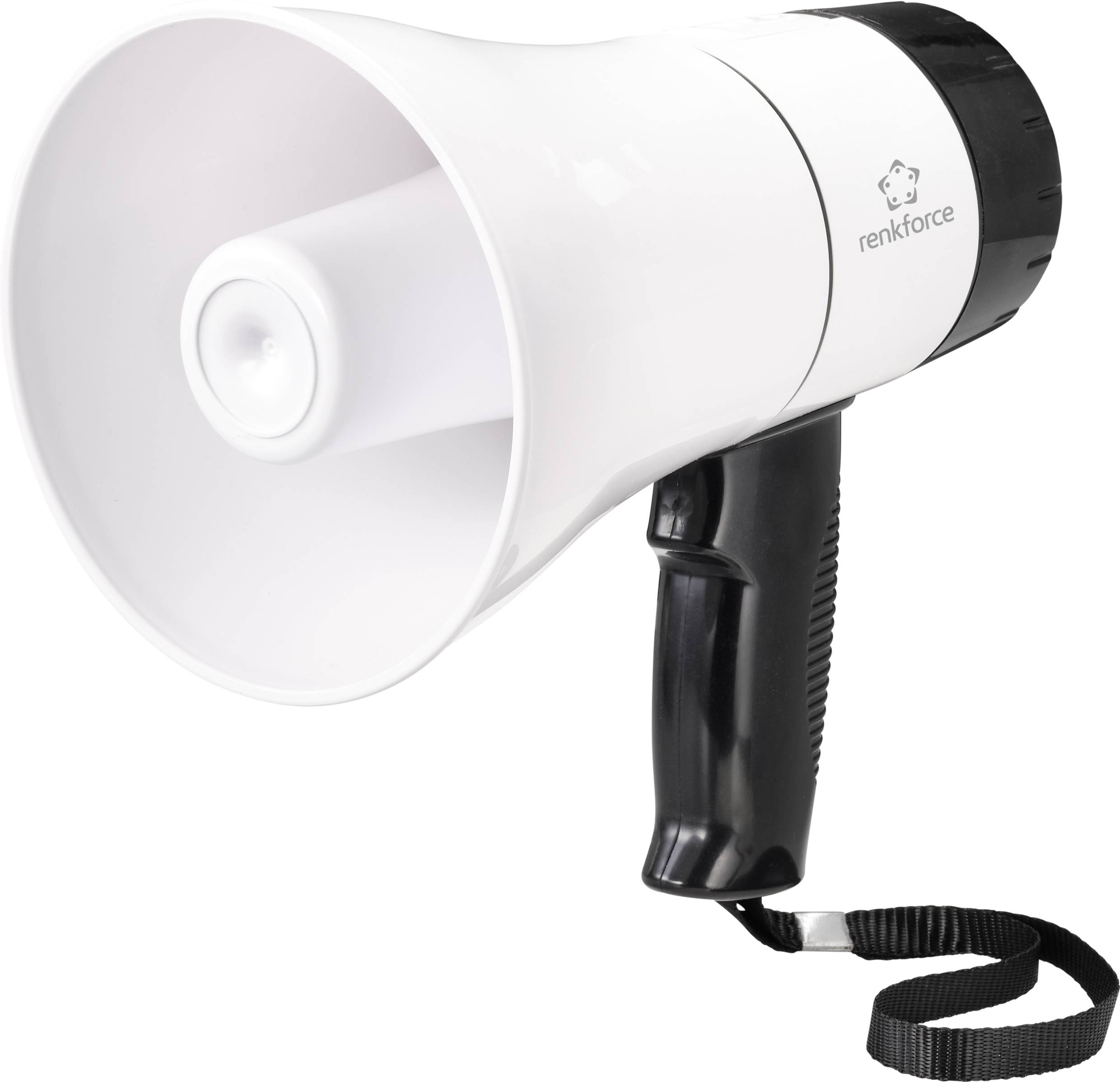 A white megaphone with a black handle and shoulder strap, displaying the brand name on the side. Suitable for announcements or gatherings.