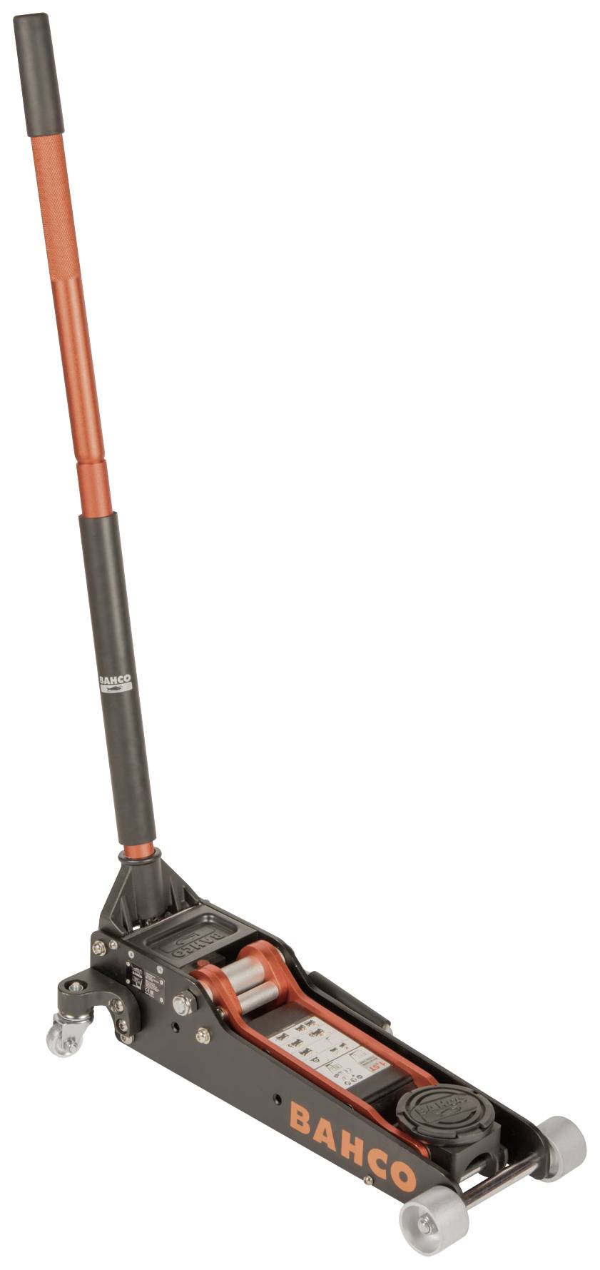 Hydraulic jack with a red handle and black body, suitable for lifting vehicles. 'BAHCO' brand name on the side.