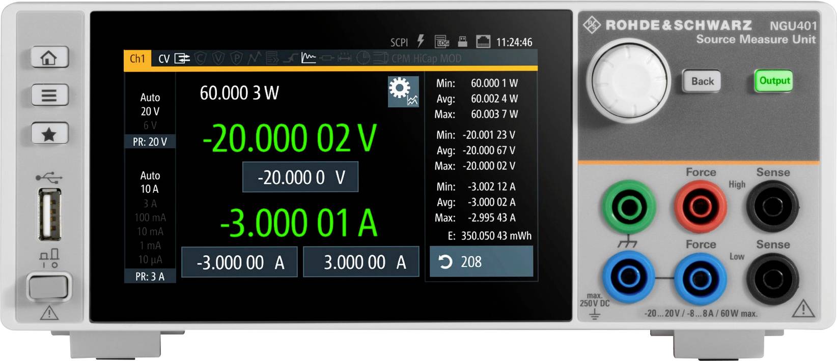 'Rohde & Schwarz NGU401' Messgerät mit digitalem Display zeigt Werte: -20.000 V, -3.000 A, 60.000 W. Mehrere Anschlüsse sichtbar.
