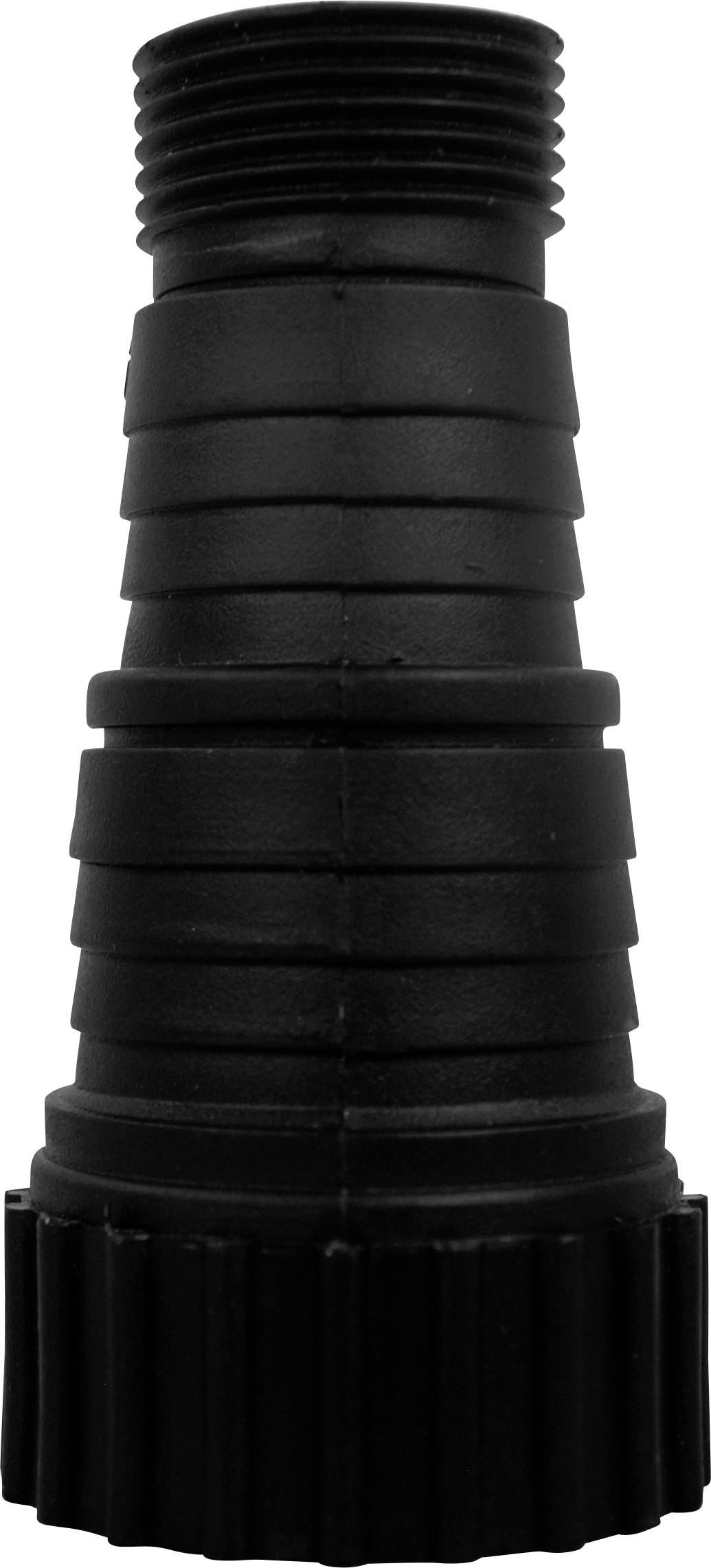 Black stepped plastic hose nozzle adapter, tapered in shape and with threaded screw fitting, suitable for use in garden hoses.