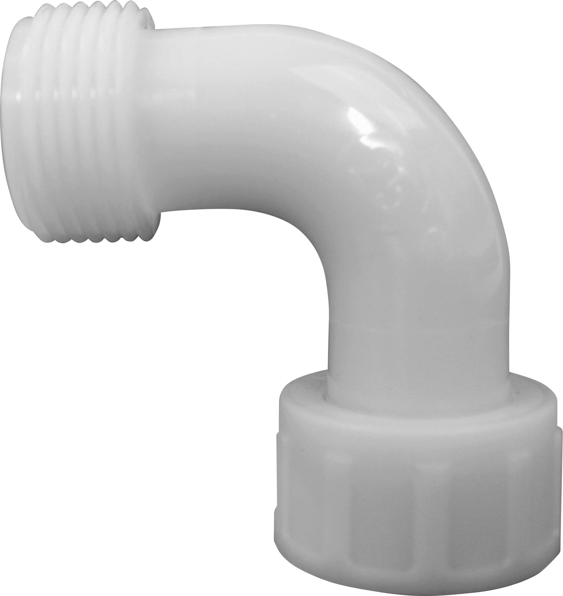A white, curved plastic pipe with a threaded end and a knurled end. Typical for plumbing installations.