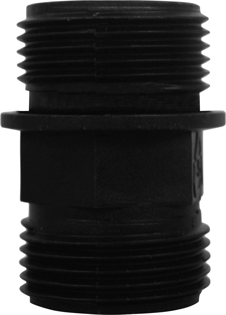 Black, cylindrical plastic adapter with thread, suitable for connecting hoses or pipes.