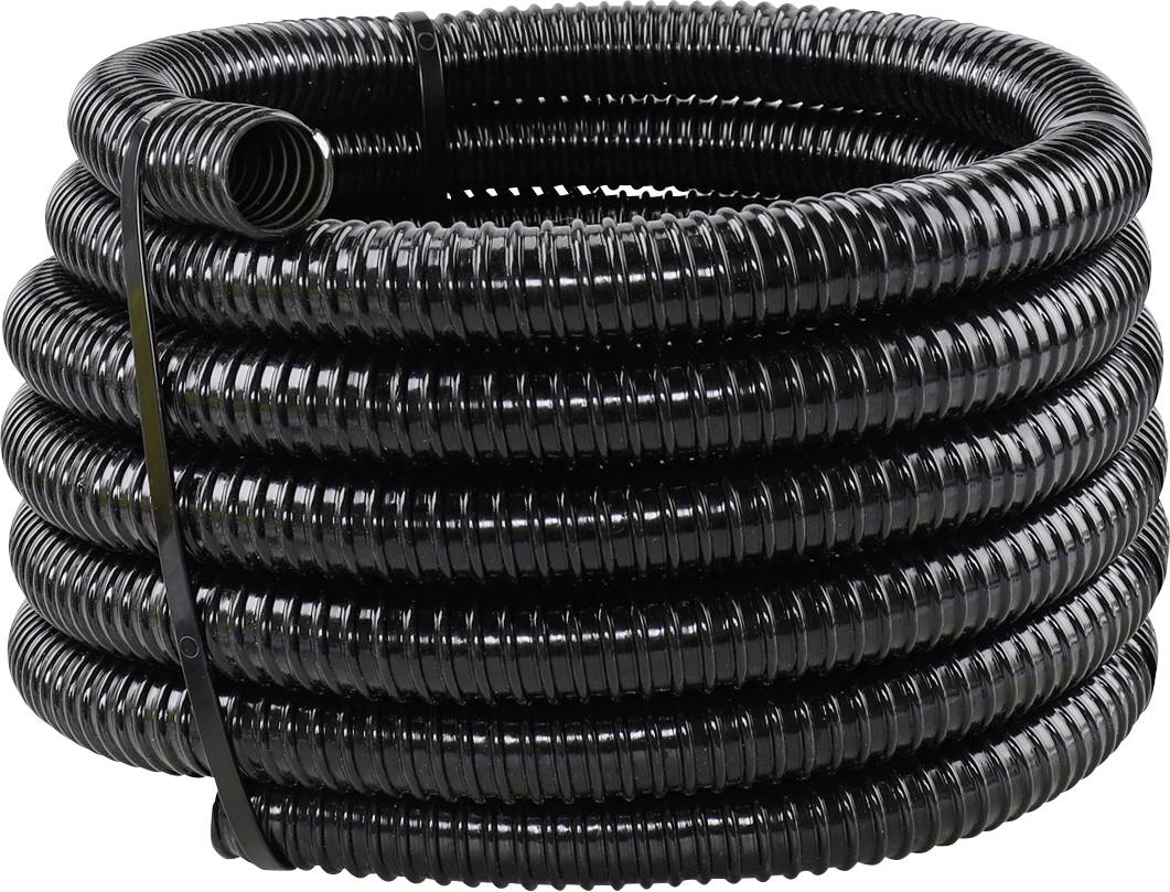 A large, coiled black plastic conduit reel, suitable for protecting cables in industrial applications.