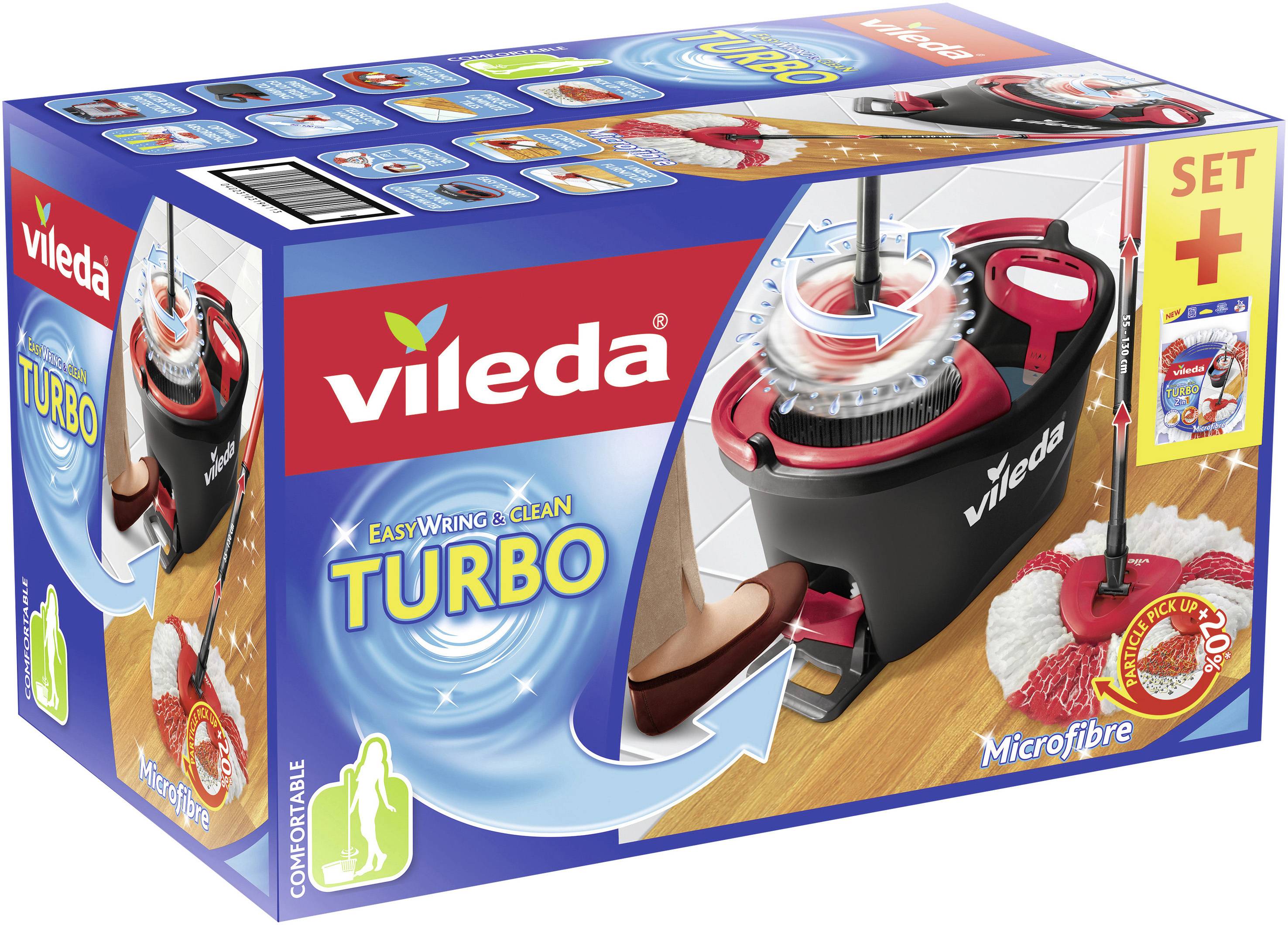 Packaging of the Vileda EasyWring & Clean TURBO with foot pedal, bucket and mop. Includes microfibre cloth, suitable for easy cleaning.