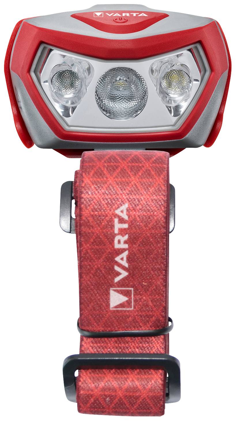 A red and grey head torch with three LEDs and an adjustable headband featuring the brand name.