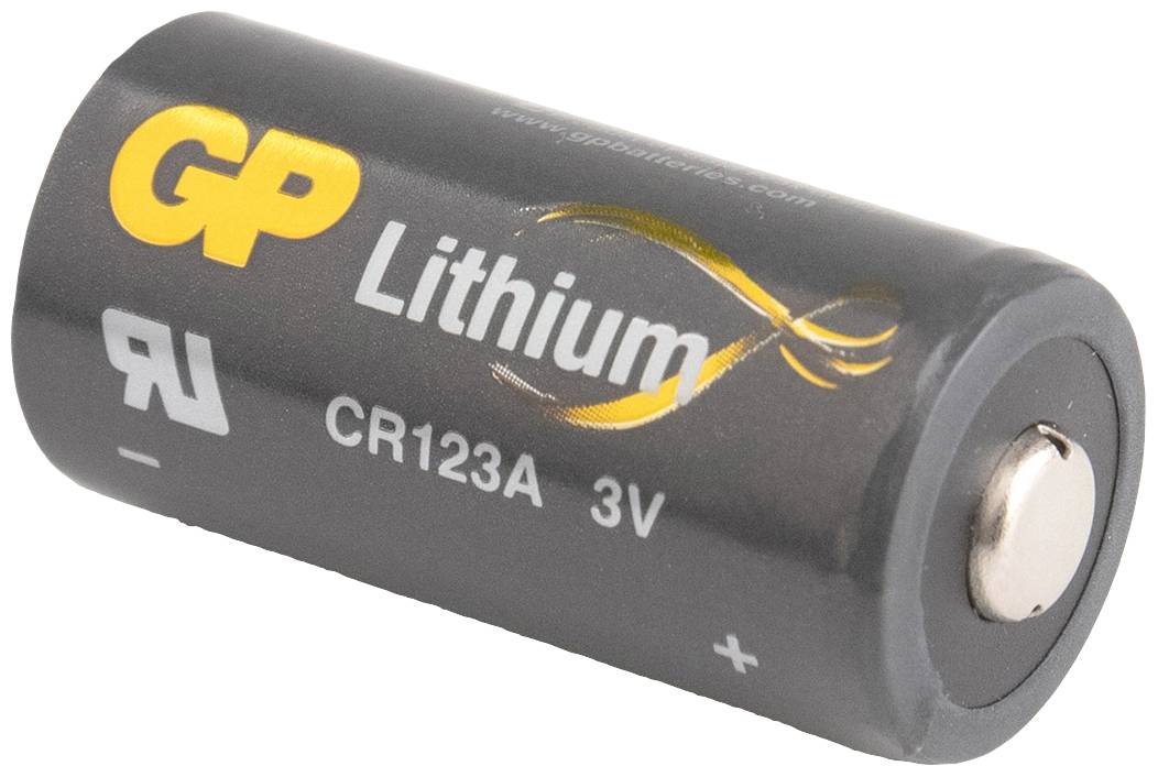 GP lithium battery, CR123A type, 3V, on a white background.