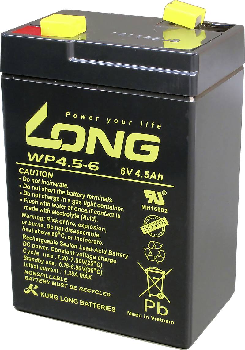 Long WP4.5-6 WP4.5-6 VRLA 6 V 4.5 Ah AGM (W x H x D) 70 x 106 x 47 mm 4.8 mm blade terminal Low self-discharge levels