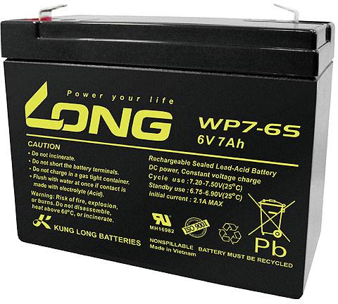 Long WP7-6S WP7-6S VRLA 6 V 7 Ah AGM (W x H x D) 116 x 99 x 50 mm 4.8 mm blade terminal Low self-discharge levels