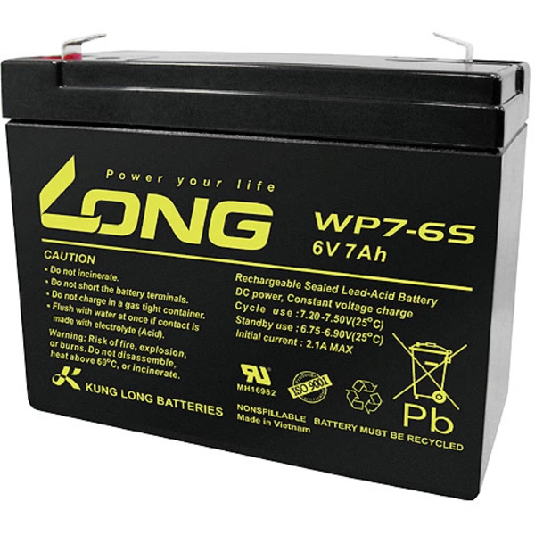 Long WP7-6S WP7-6S VRLA 6 V 7 Ah AGM (W x H x D) 116 x 99 x 50 mm 4.8 mm blade terminal Low self-discharge levels Long WP7-6S WP7-6S VRLA 6 V 7 Ah AGM (W x H x D) 116 x 99 x 50 mm 4.8 mm blade terminal Low self-discharge levels