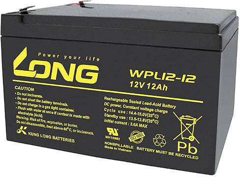 Long WPL12-12 WPL12-12 VRLA 12 V 12 Ah AGM (W x H x D) 151 x 93 x 98 mm 6.35 mm blade terminal Low self-discharge levels