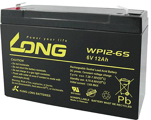 Long WP12-6S WP12-6S VRLA 6 V 12 Ah AGM (W x H x D) 151 x 99 x 50 mm 4.8 mm blade terminal Low self-discharge levels