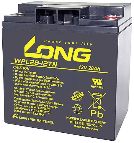 Long WPL28-12TN WPL28-12TN VRLA 12 V 28 Ah AGM (W x H x D) 166 x 176 x 126 mm M5 connector Low self-discharge levels