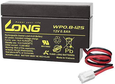 A rectangular, rechargeable lead-acid battery with the inscription 'WPO.8-12S, 12V 0.8Ah'. Two red and black connecting cables protrude from it.