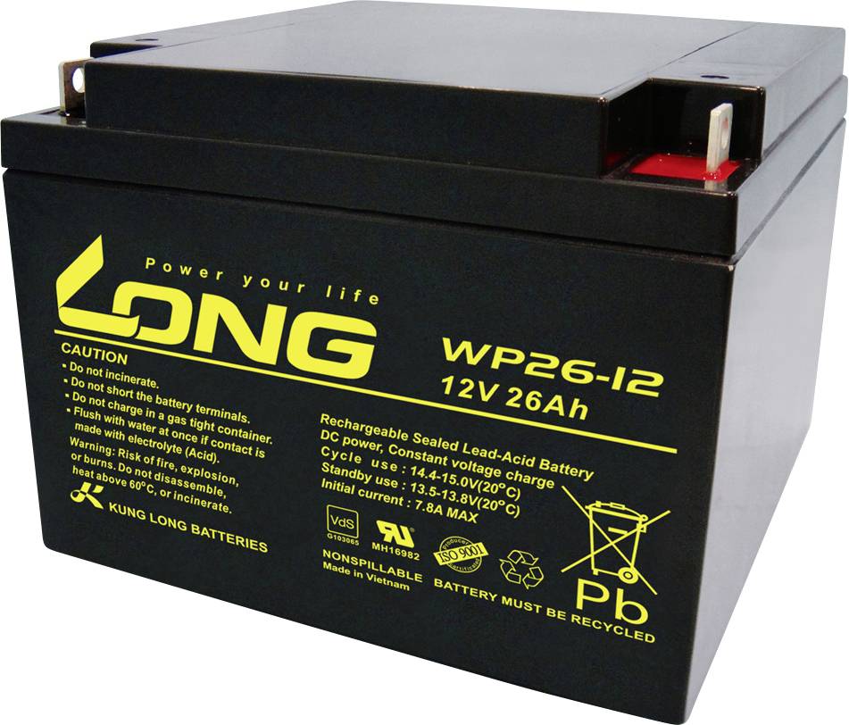 Long WP26-12 WP26-12 VRLA 12 V 26 Ah AGM (W x H x D) 166 x 125 x 175 mm M5 connector VDS certificate, Low self-discharge levels