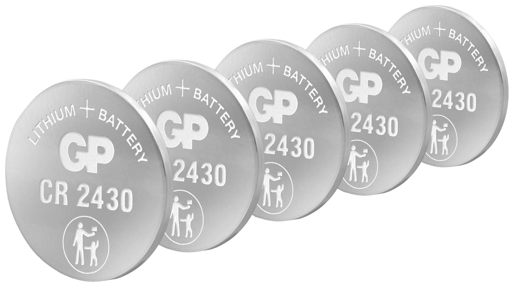 Four stacked button cells CR2430 with 'GP Ultra+ Lithium' printing on a white background.