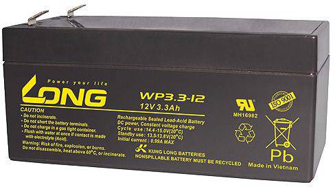 Long WP3.3-12 WP3.3-12 VRLA 12 V 3.3 Ah AGM (W x H x D) 134 x 65.5 x 67 mm 4.8 mm blade terminal Low self-discharge levels