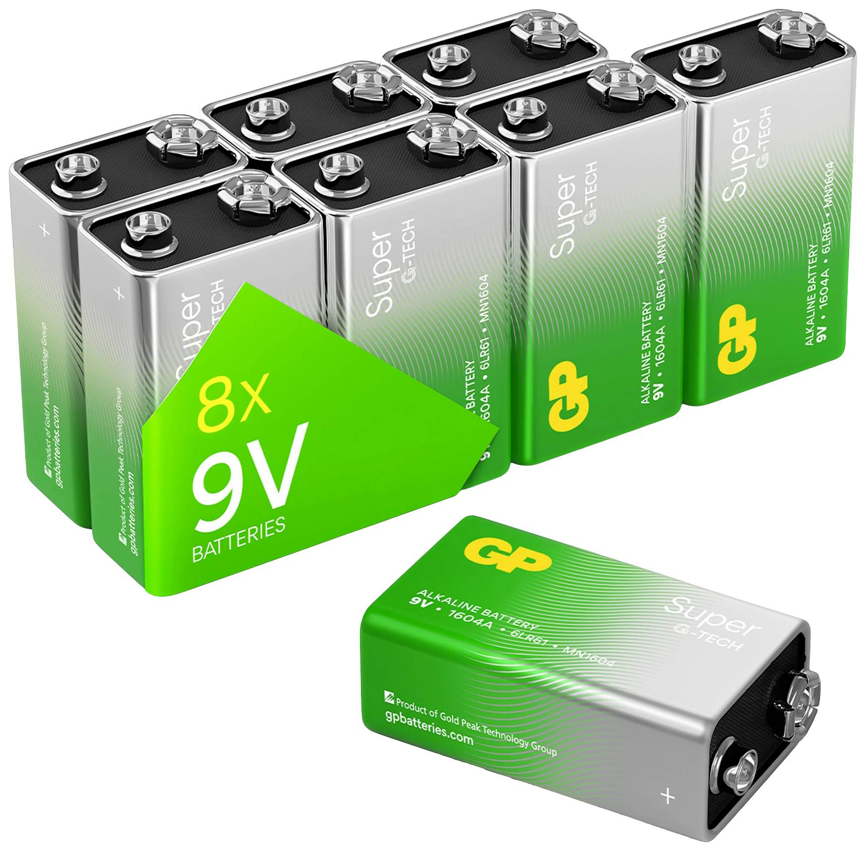 Eight 9V batteries by GP are lined up side by side. One battery is shown separately, highlighting the 'Super Alkaline' brand.