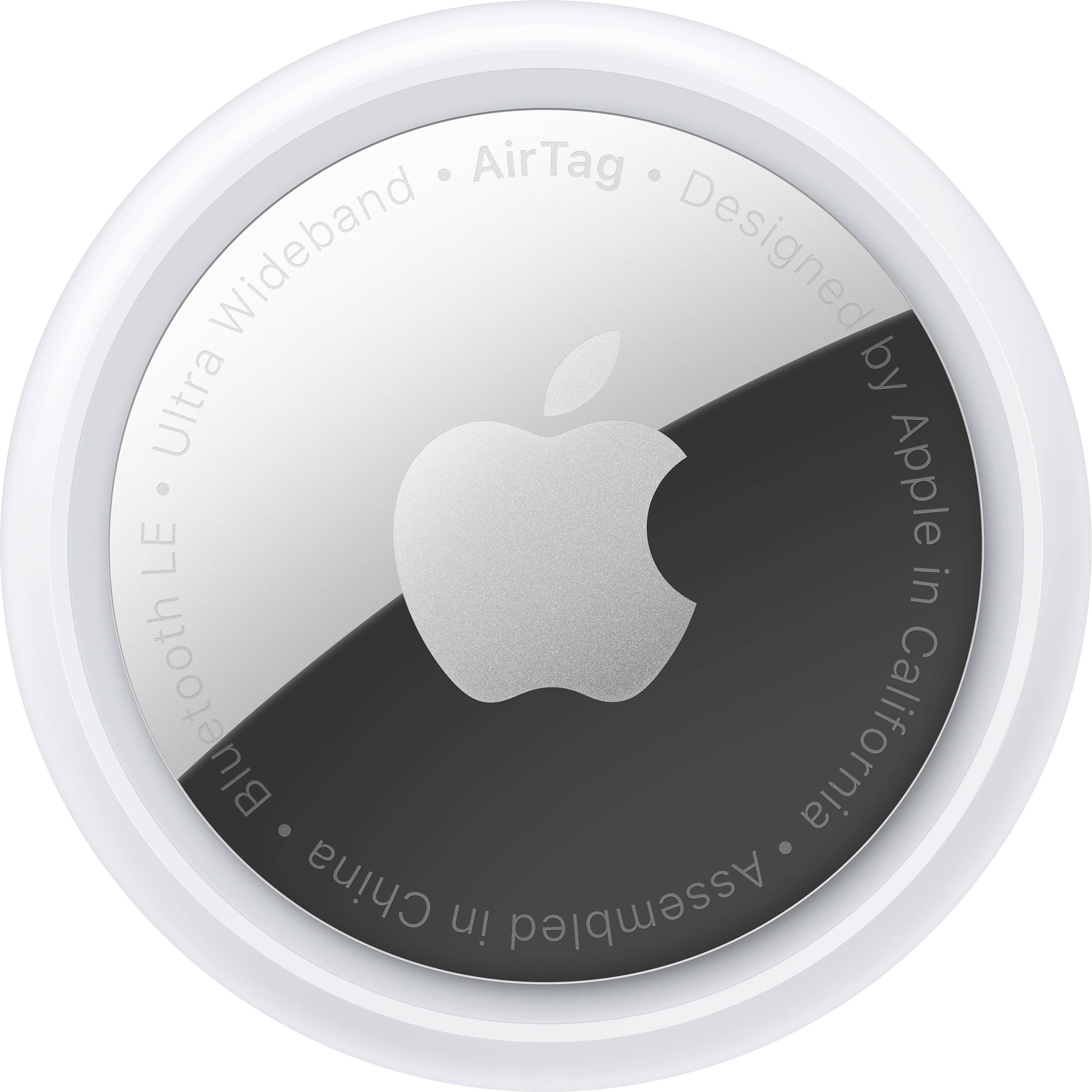 A silver Apple AirTag with an engraved Apple logo and the text 'AirTag - Designed by Apple in California - Assembled in China'.