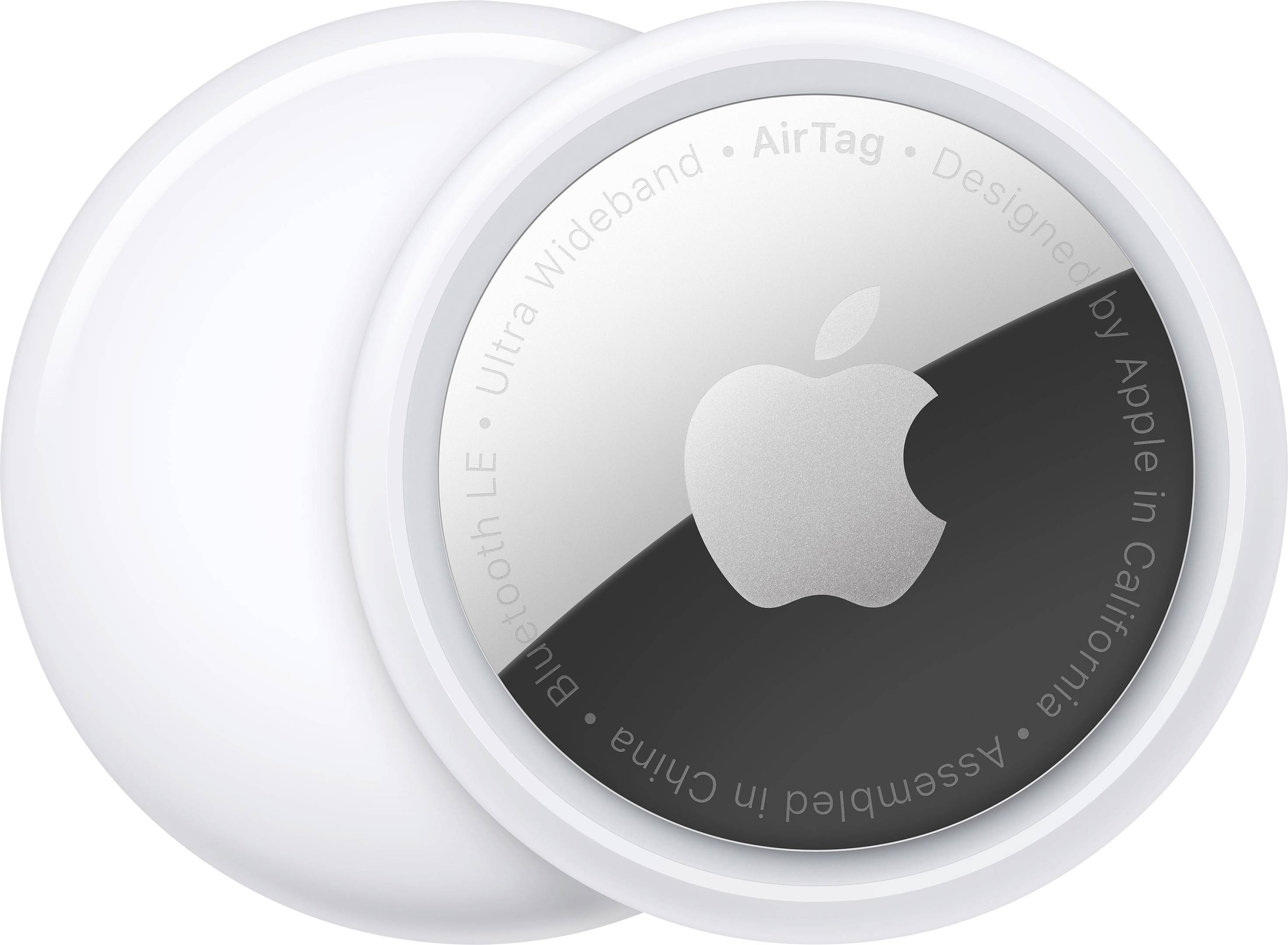 An AirTag, a round, white device with a silver metal surface and the Apple logo, is used for tracking objects.