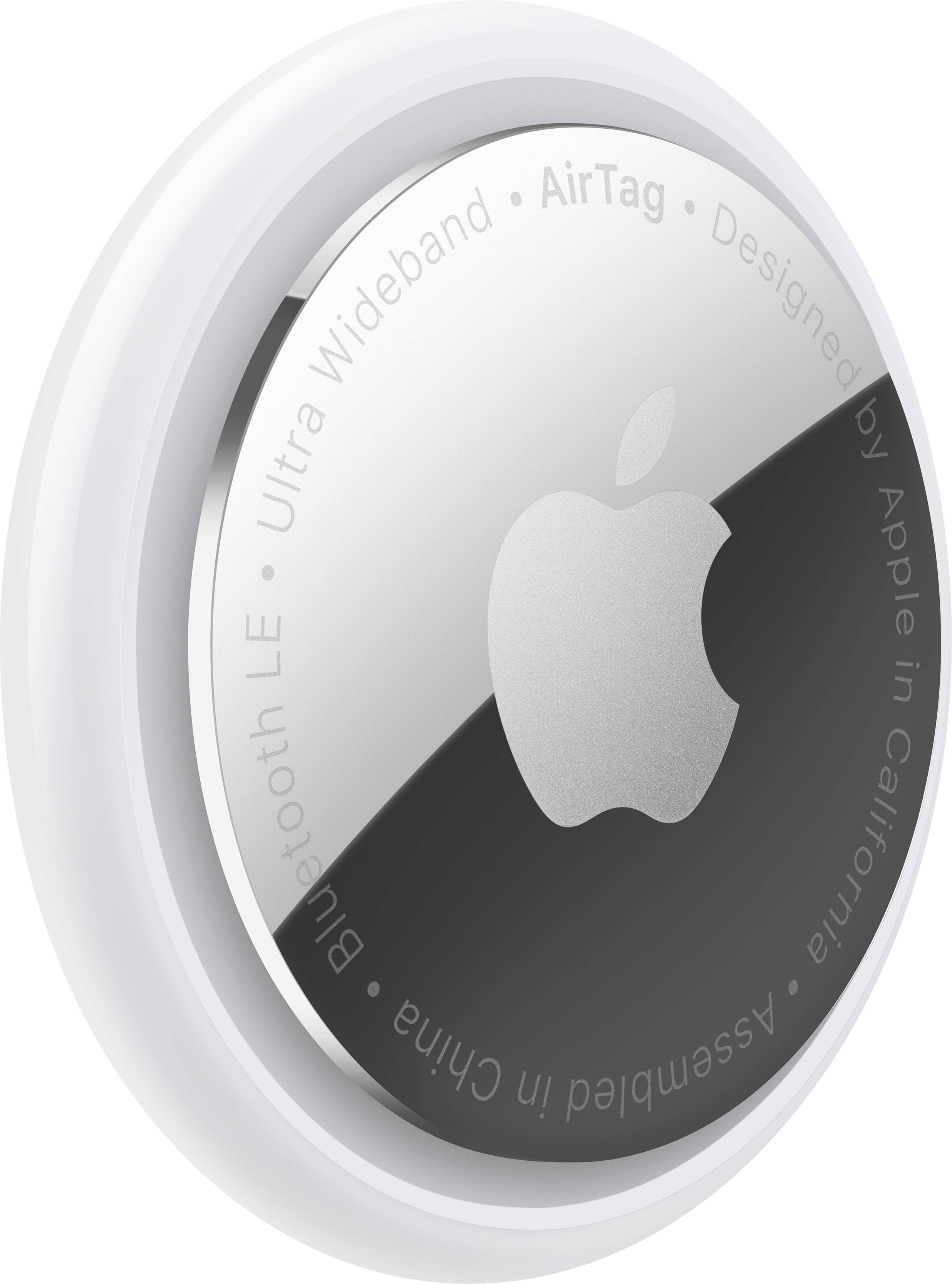 Round silver device with an engraved Apple logo. Text on the edge: 'Ultra Wideband', 'AirTag', 'Designed by Apple in California'.