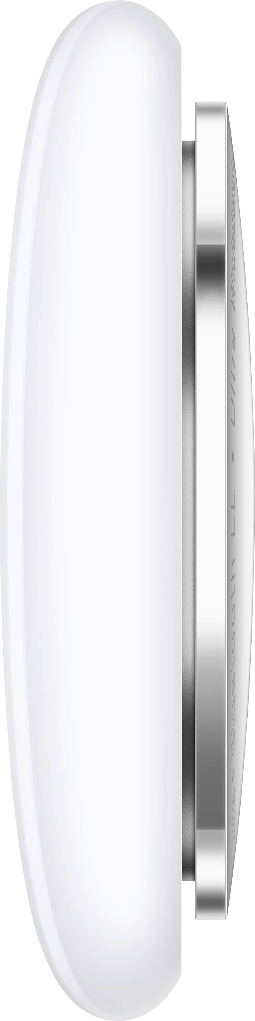 A white, flat, round object with a silver rim, viewed from the side.