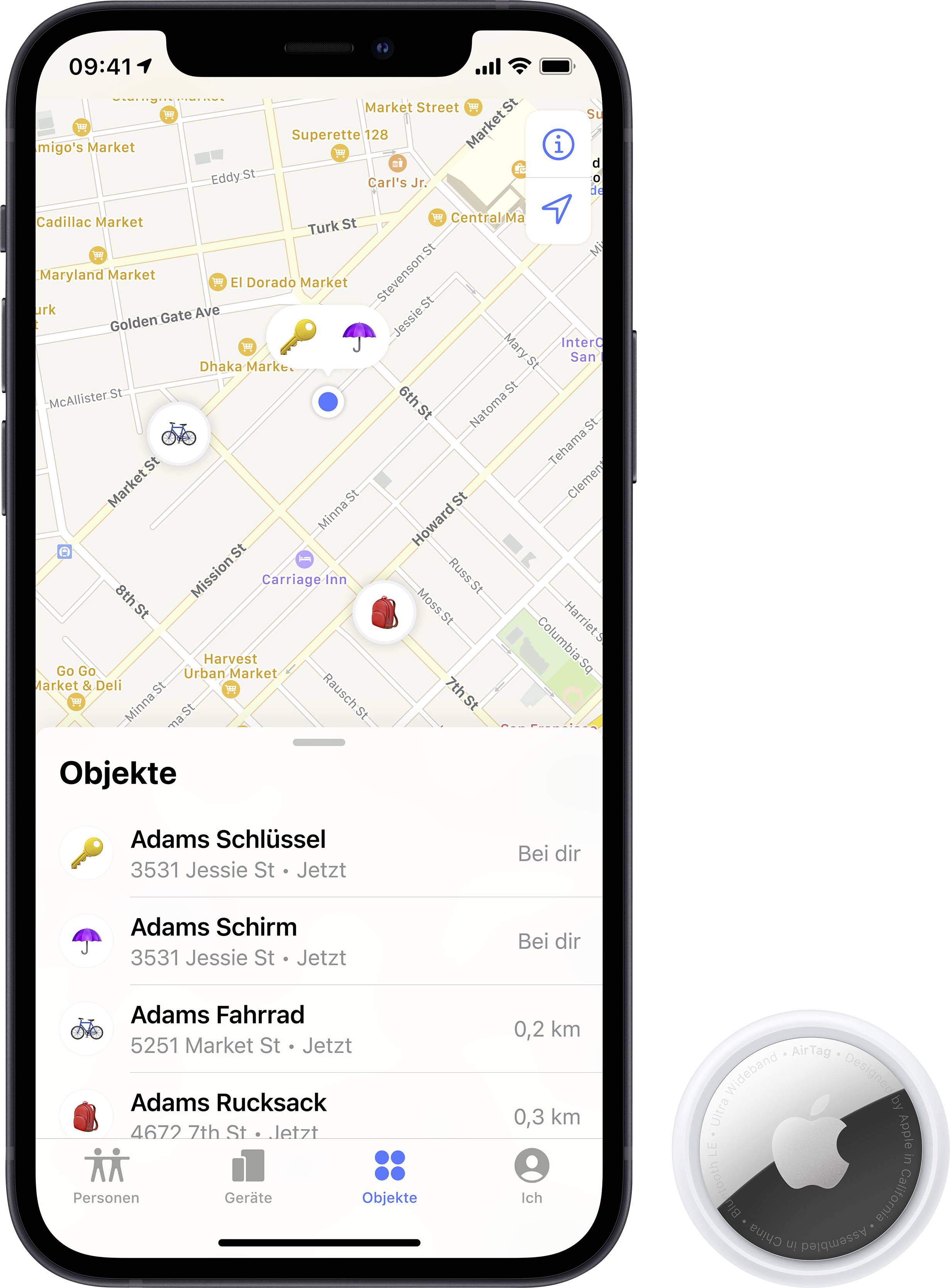 A smartphone map shows objects such as keys, umbrella, bicycle and rucksack with their locations and distances. An AirTag lies beside them.