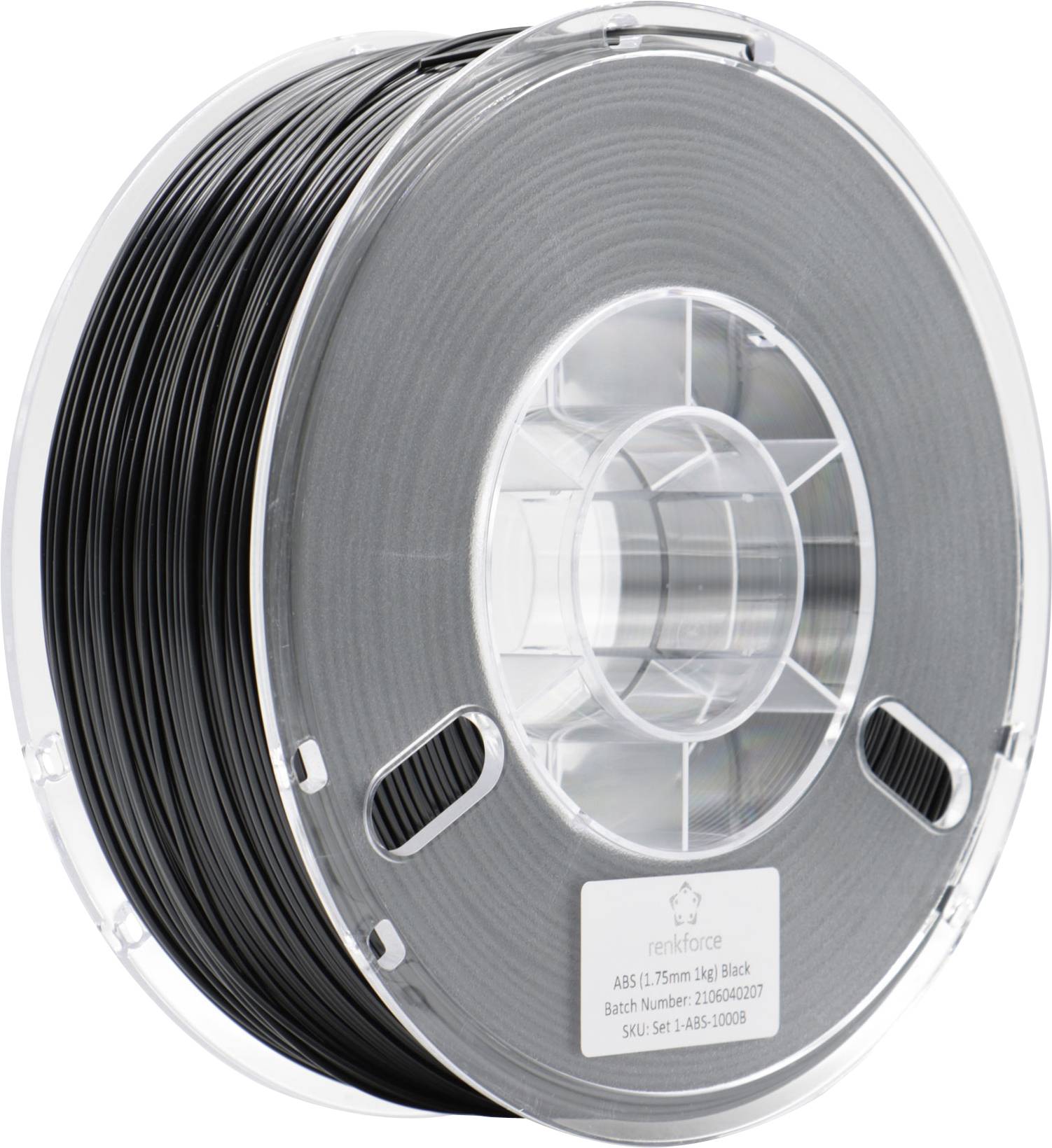 Black 3D printer filament spool made of ABS, 1.75 mm diameter, 1 kg. Product information label visible on the spool.