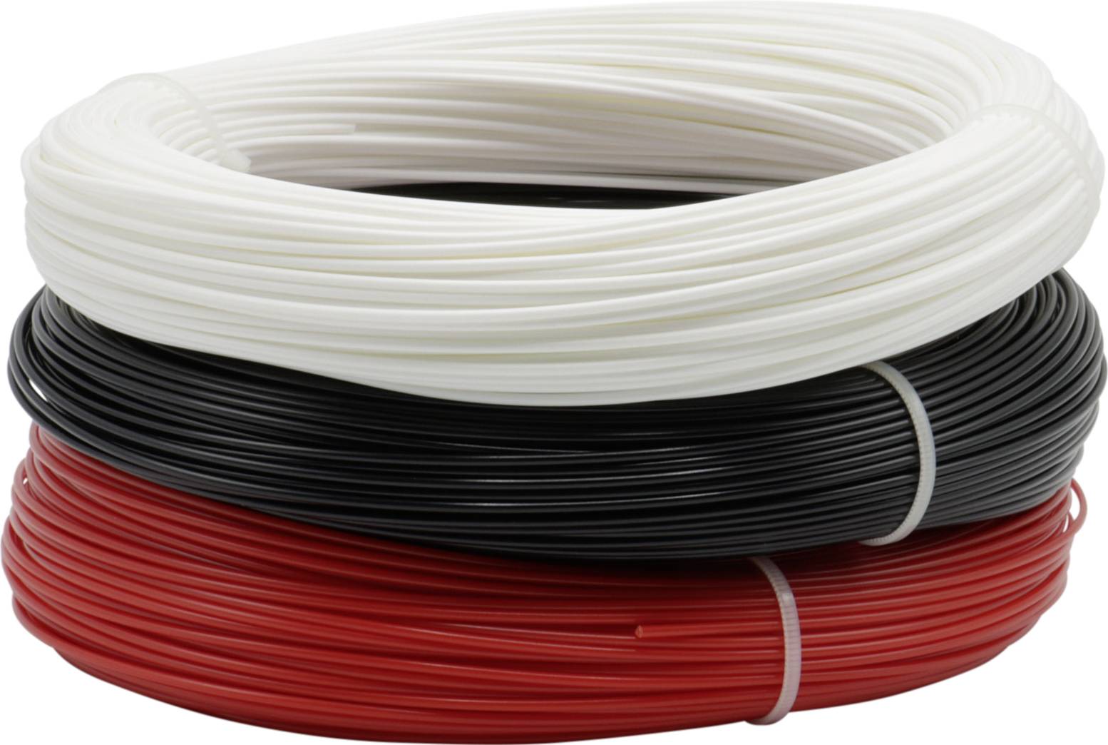 Three rolls of PLA 3D printer filament in white, black, and red, stacked side by side.