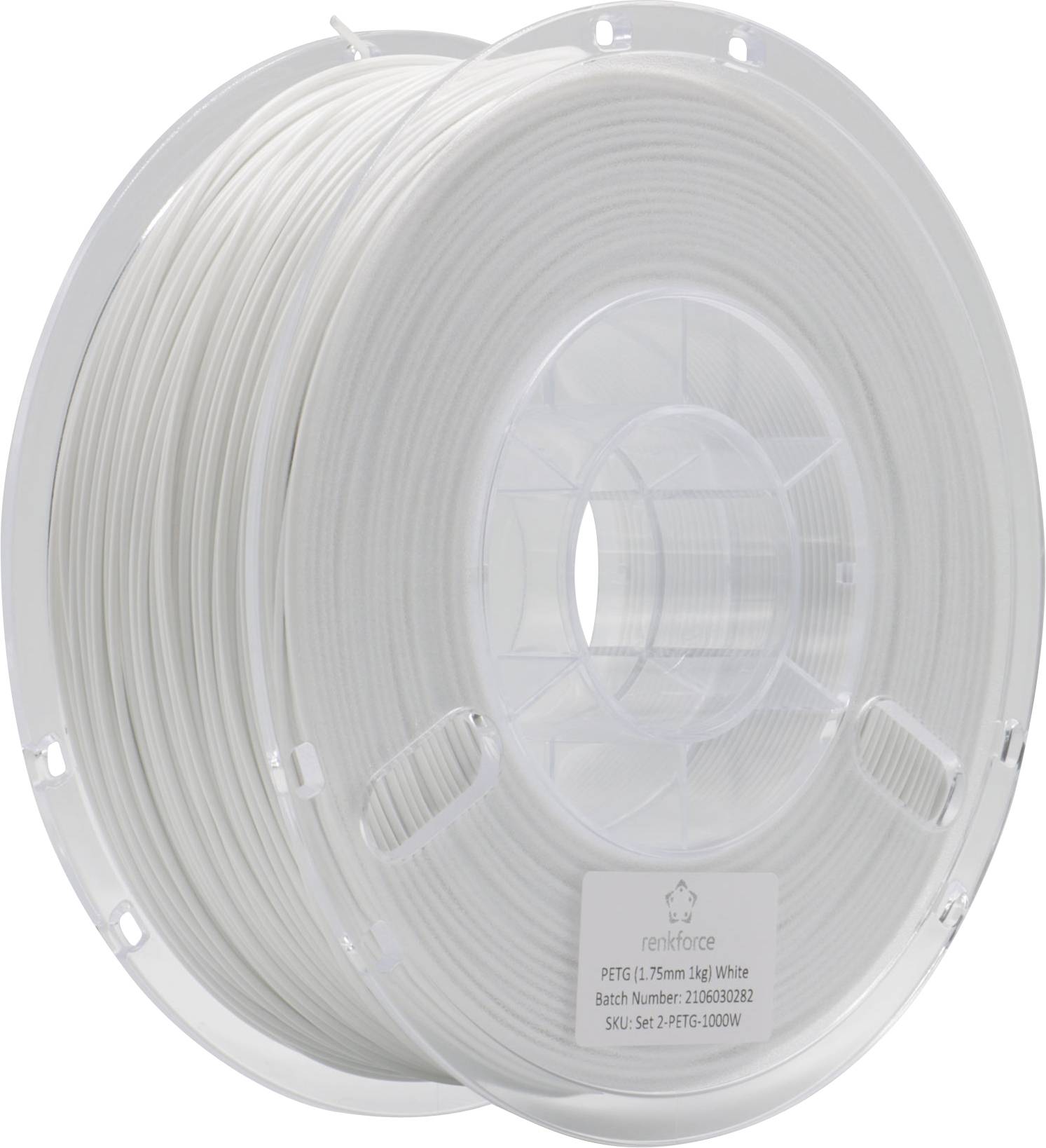 A large, transparent spool of white 3D printing filament, marked as PETG material, diameter 1.75 mm, weight 2 kg.