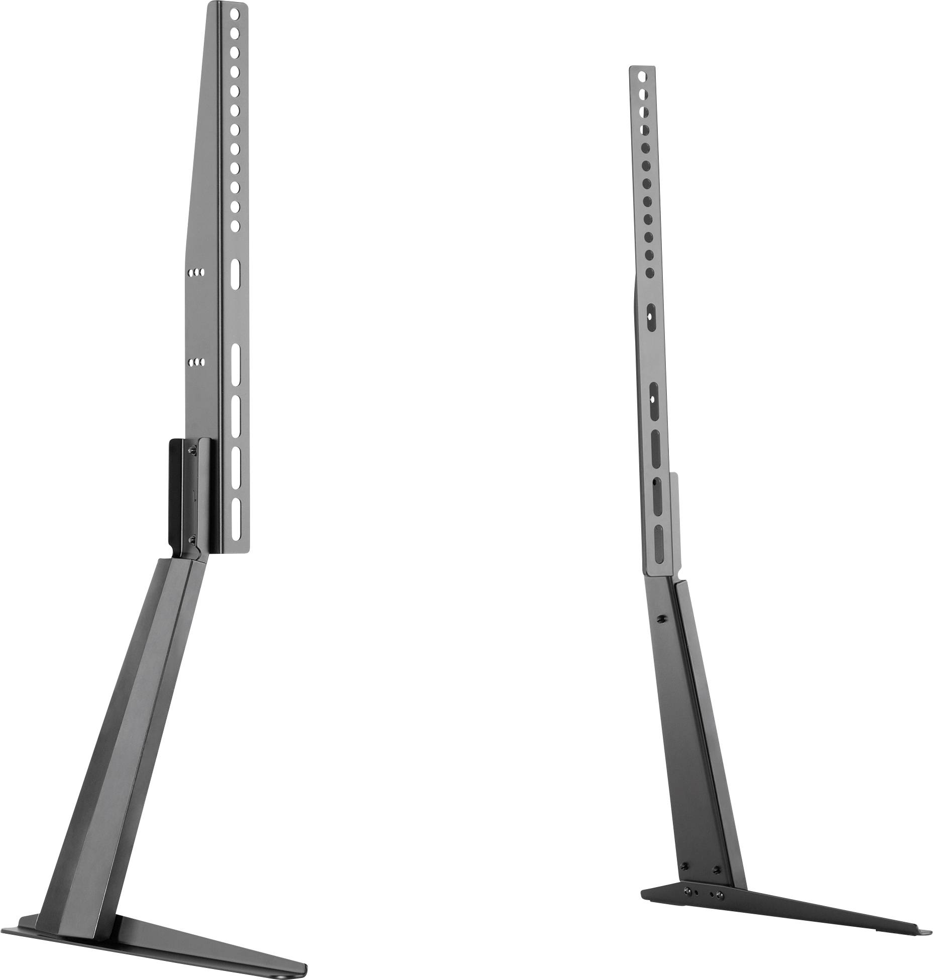 Two black, vertical stand feet with adjustable holes for mounting, standing on a flat surface.