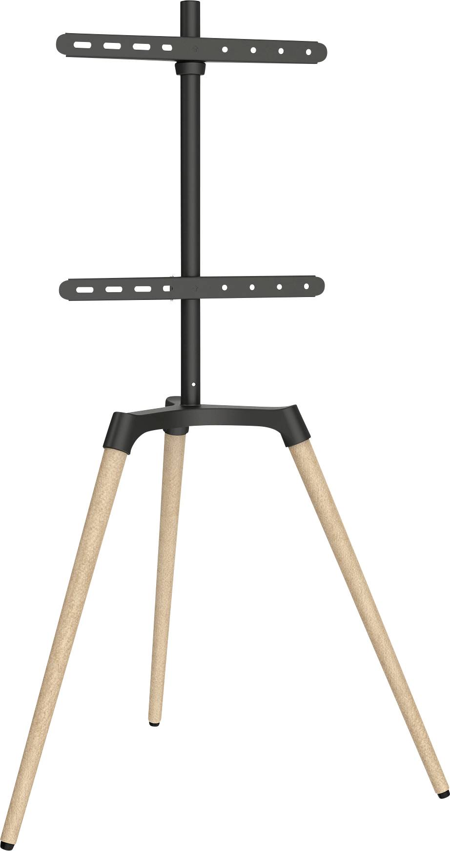 A minimalist TV stand with three wooden legs and a black metal screen mount. Suitable for contemporary interior design.