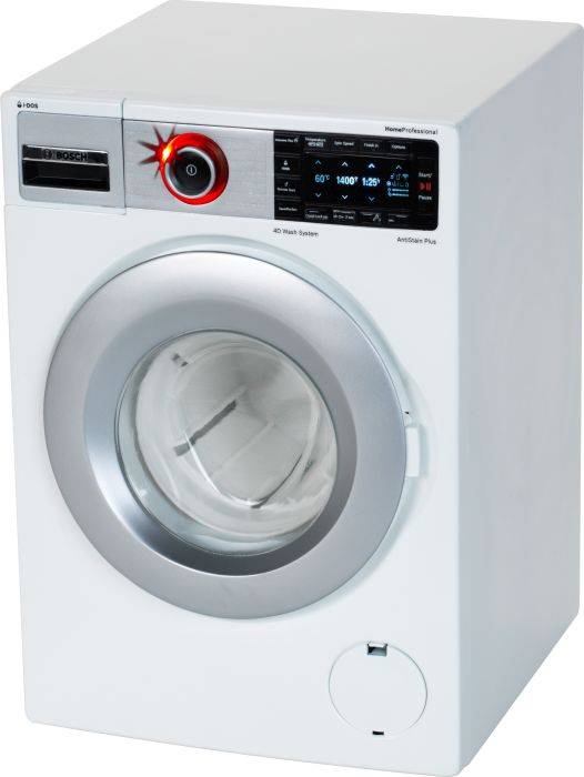 Washing machine with front-loading design, digital display and control buttons on the front panel. Shows various wash programmes and settings.