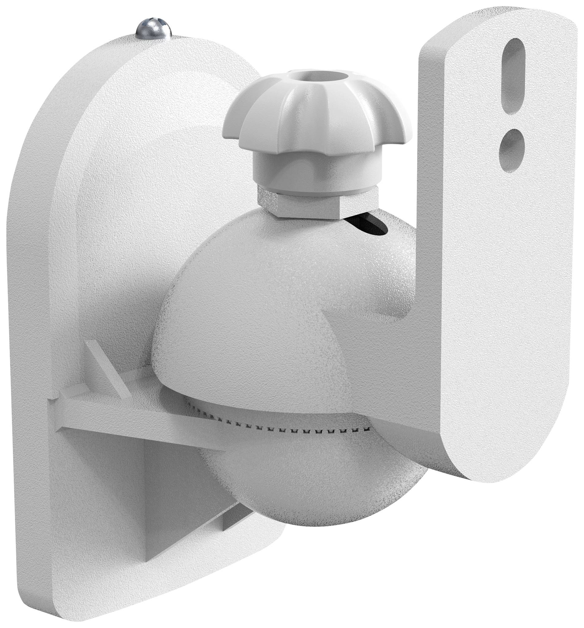 White, spherical mounting bracket on a wall fixture, with an adjustable mechanism for changing the direction of a connected device.