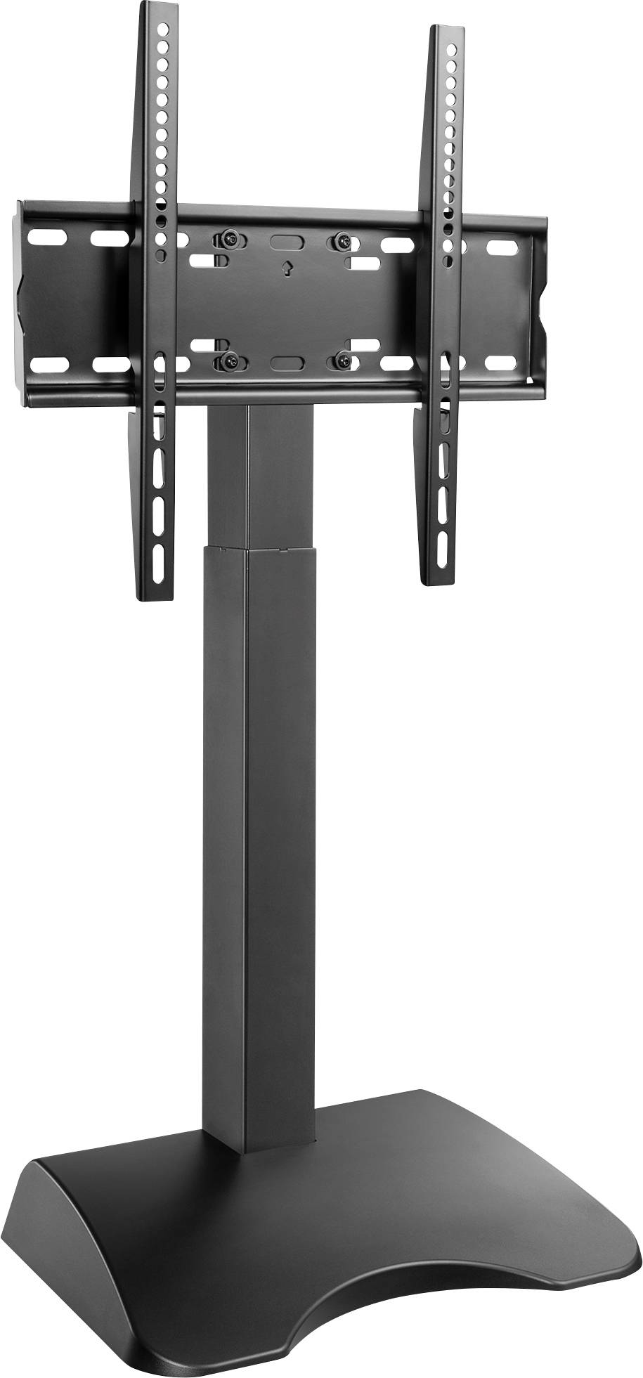 A black TV stand with an adjustable height mount and a sturdy base, suitable for positioning flatscreen televisions.