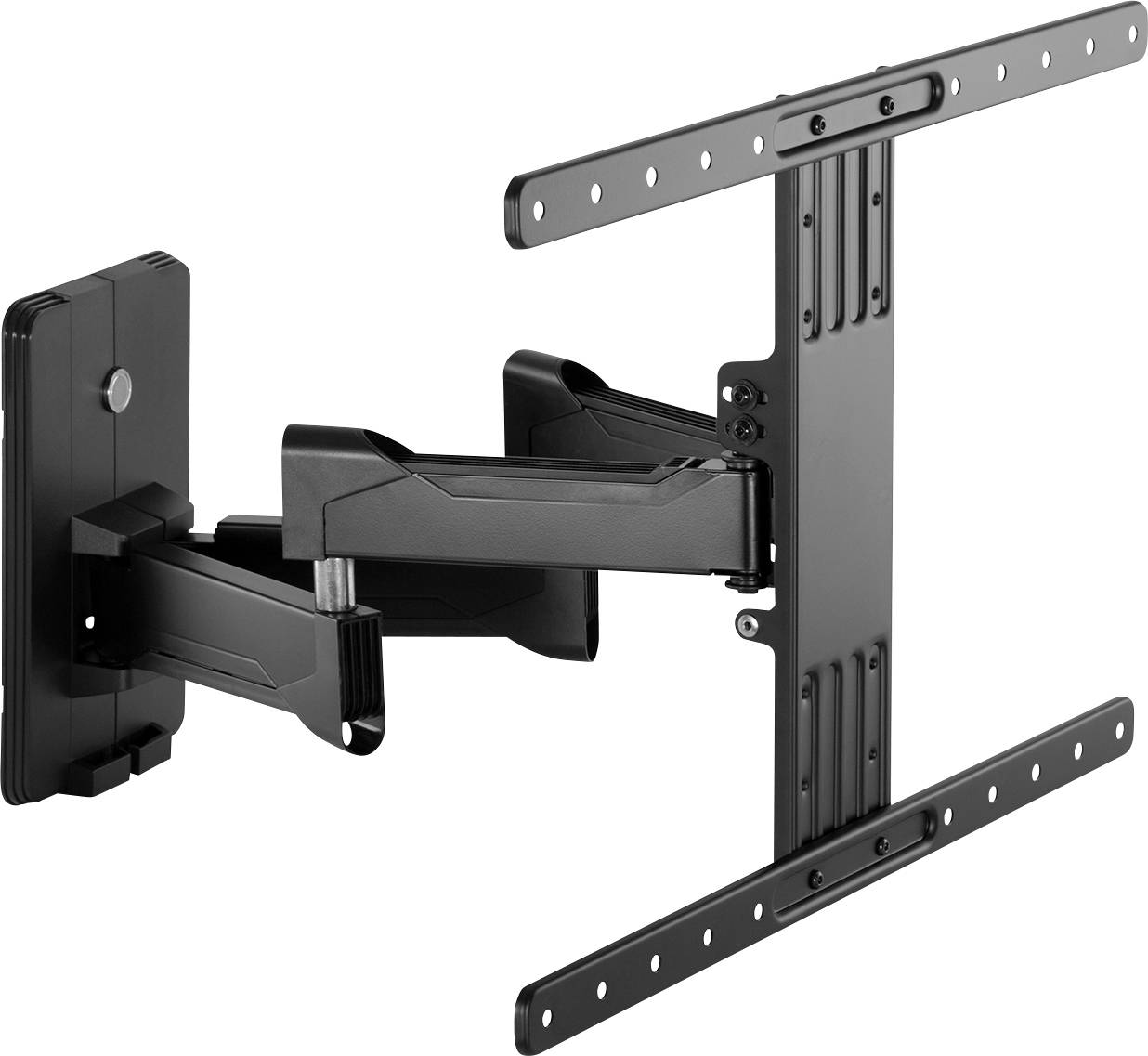 Swivel TV wall mount in black metal, suitable for flat-screen televisions. Adjustable in height and tilt for optimal viewing angle.