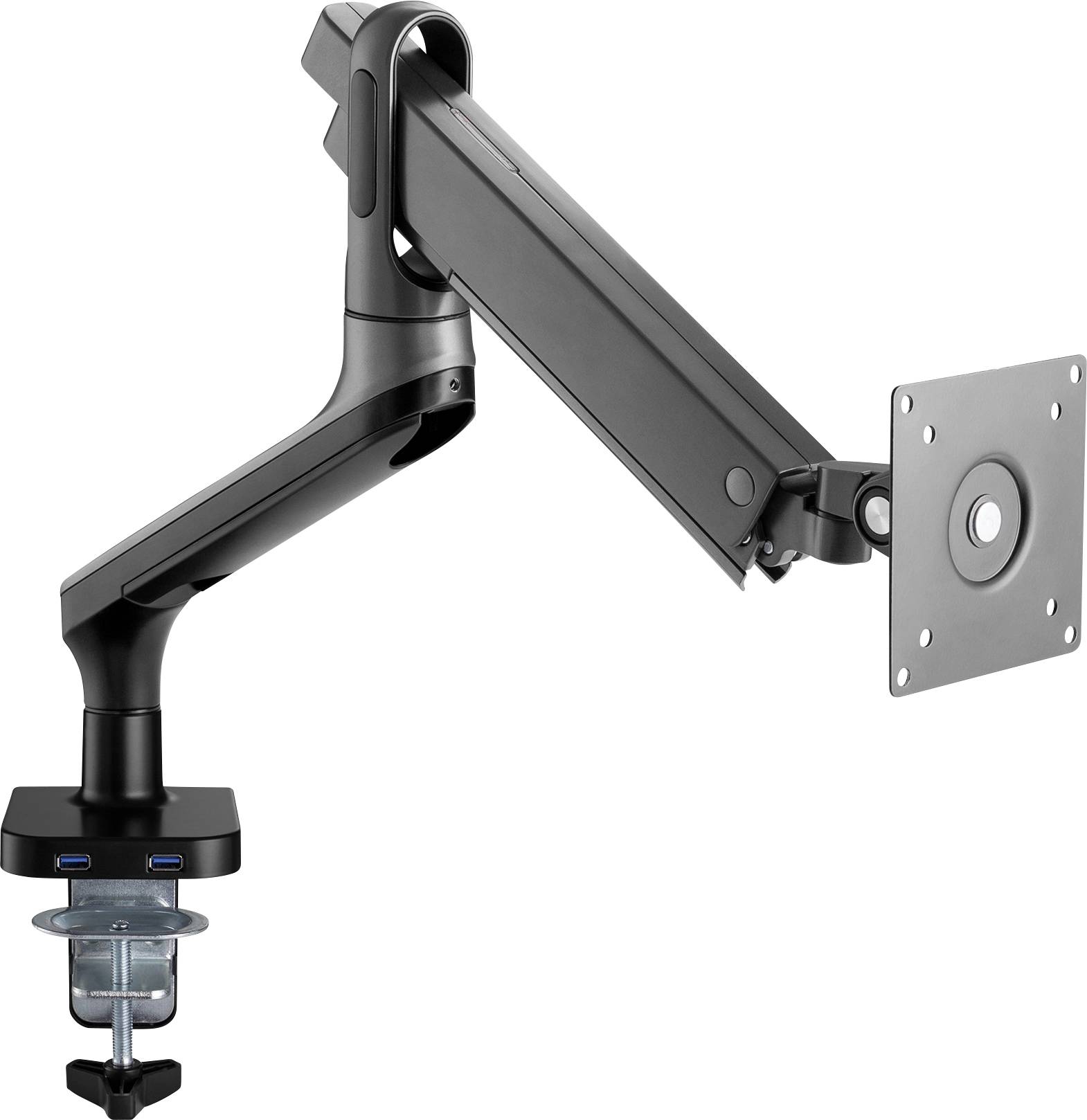 Monitor arm with adjustable arm, desk clamp and VESA mount, suitable for ergonomic screen positioning on desks.