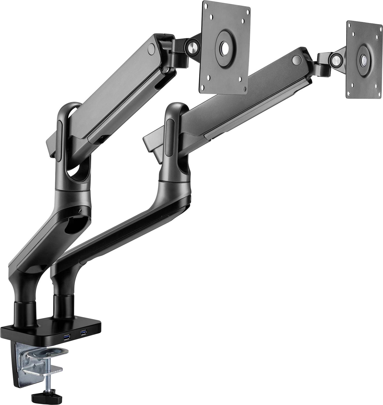 Black, adjustable monitor arm with two mounts for monitors. It attaches to a desk and enables flexible screen positioning.