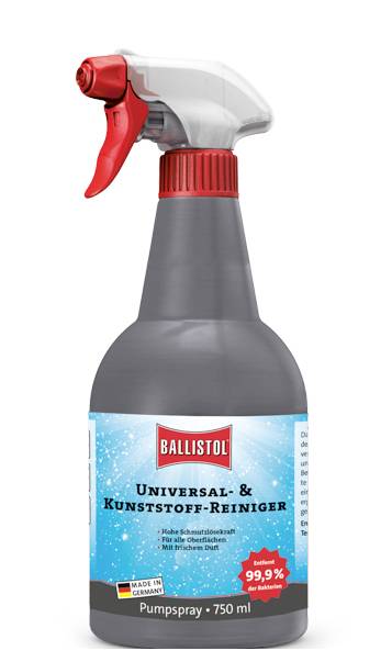 A spray bottle labeled 'Ballistol Universal- & Kunststoff-Reiniger'. Contains 750 ml. Claims '99.9% bacteria removal', marked 'Made in Germany'.